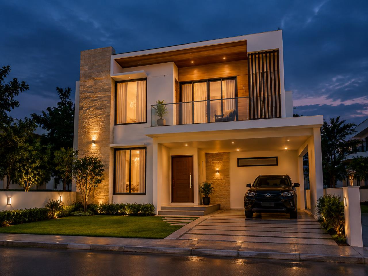 5 Marla villa exterior at dusk