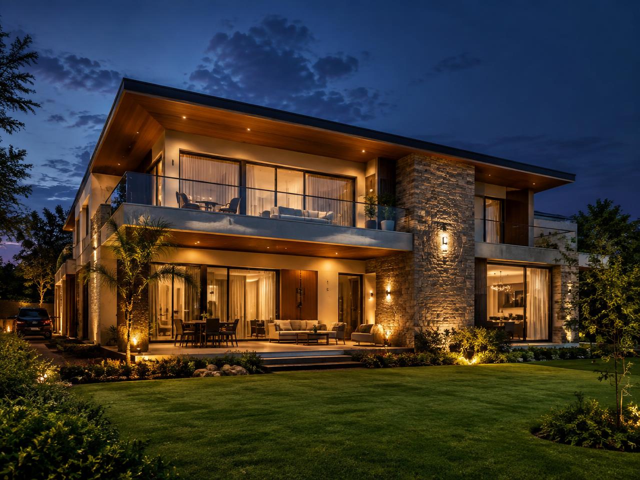 8 Marla villa exterior at dusk